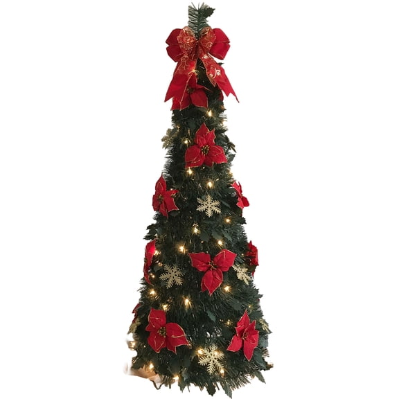 BrylaneHome 4.5 Ft Fully Decorated Pre-Lit Pop-Up Christmas Tree with 100 Warm Lights & Included Stand, Collapsible, Easy Assembly