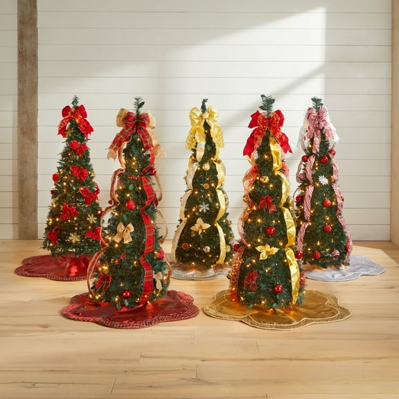 BrylaneHome 4.5 Ft Fully Decorated Pre-Lit Pop-Up Christmas Tree with 100 Warm Lights & Included Stand, Collapsible, Easy Assembly