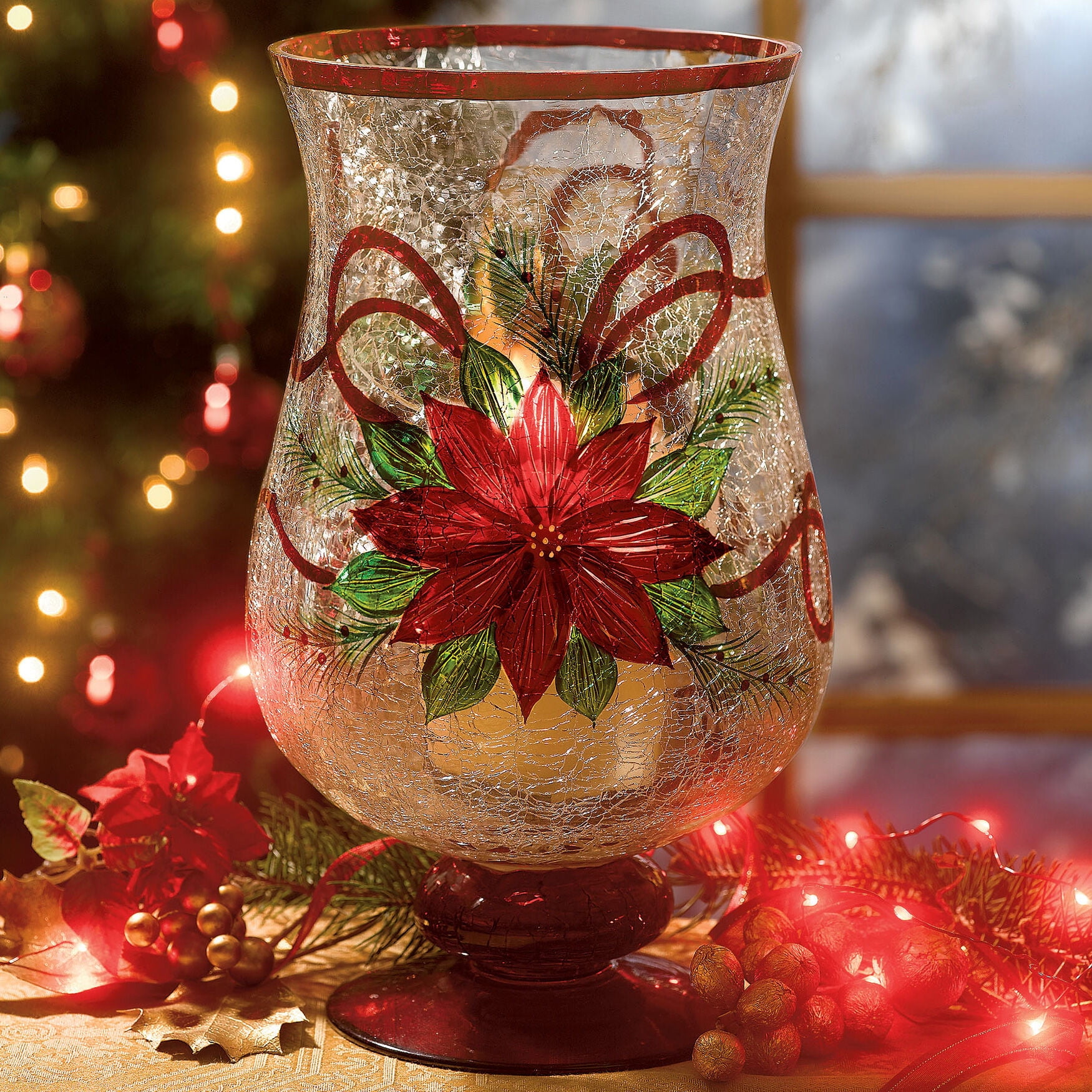 Hand-Painted Glass Poinsettia Christmas Hurricane Candle Holder