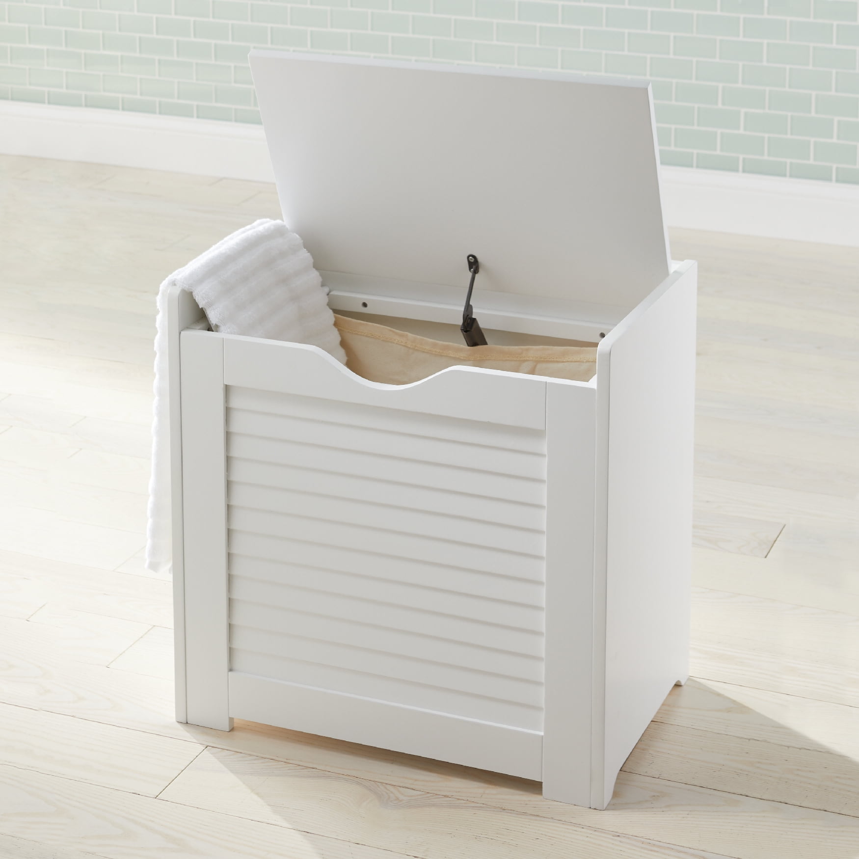 White MDF and Fabric Upright Hamper with Lid
