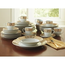 BrylaneHome Medici 40-Piece Premium Golden Porcelain Dinnerware Gold White Set (Service For 8) Includes Dinner Dessert Plates Bowls Saucers Mugs Cups - Gold White