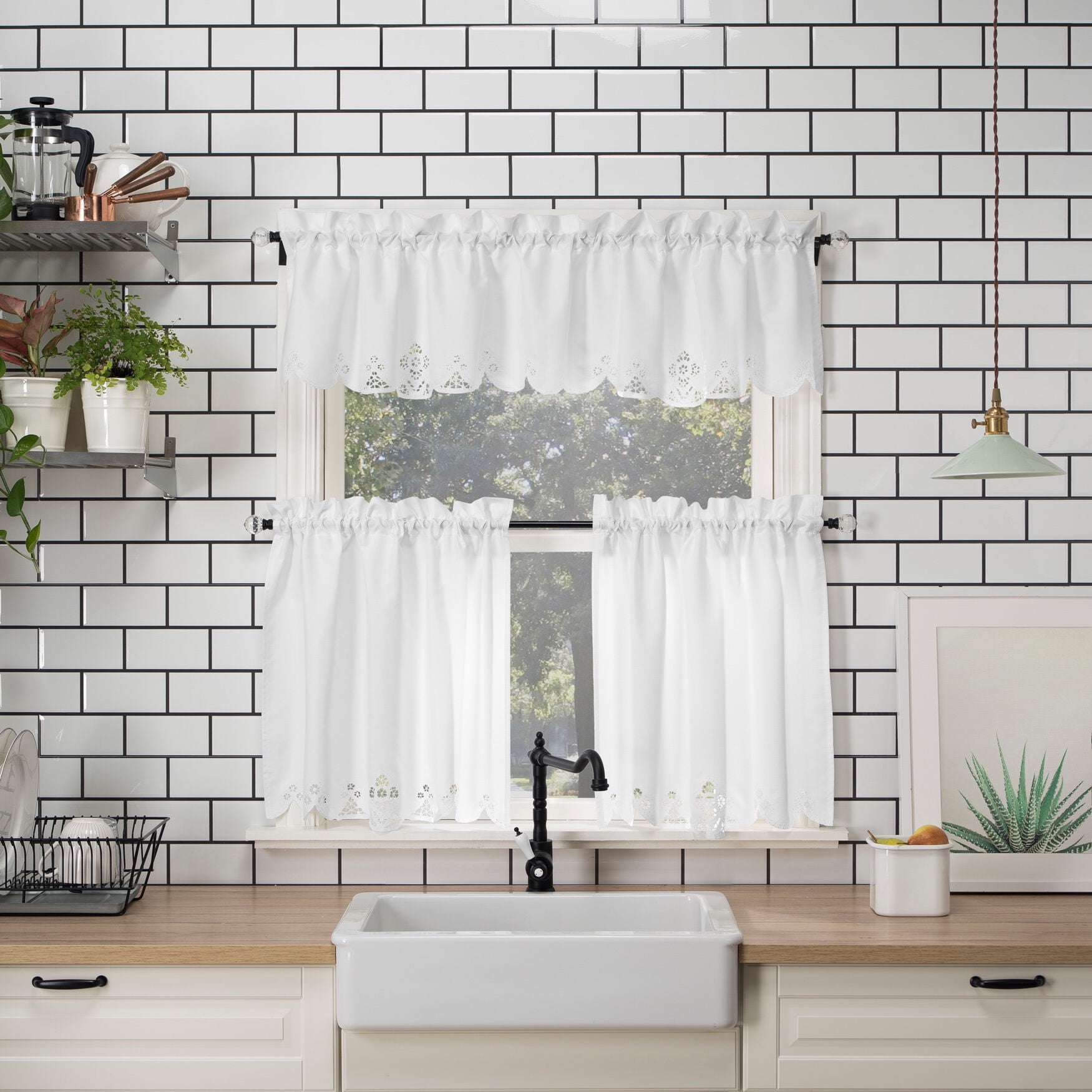 White Sheer Lace Detail Kitchen Tier Curtains Set