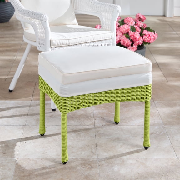 BrylaneHome Outdoor Roma All Weather Resin Wicker Patio Ottoman with Cushion Footrest Stool Yard No Assembly Required