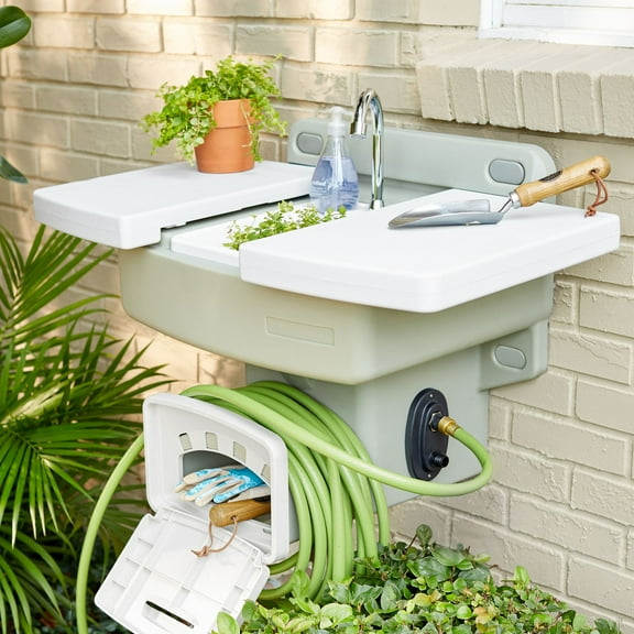 BrylaneHome Outdoor Wall Mounted Outdoor Garden Sink w/Hose Holder