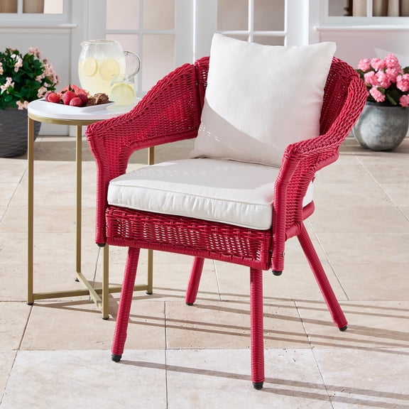 BrylaneHome Outdoor Weather Resistant Roma Hand-Woven Resin Wicker Stacking Chair + Free Seat & Back Cushions for Home, Backyard, Deck, Patio (250 Lb Capacity)