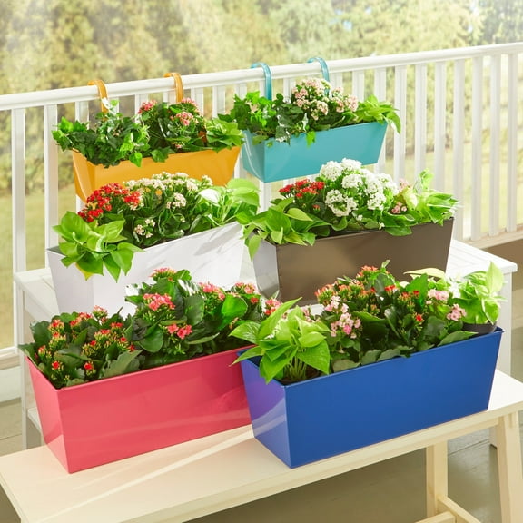 BrylaneHome Outdoor Weatherproof Metal Railing Hanging Flower Garden Windowbox Planter with 3 Drainage Holes