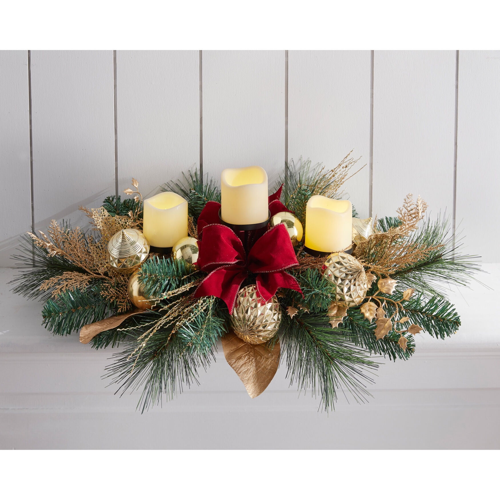 Burgundy Gold Pre-Lit Candleholder Centerpiece with Ornaments