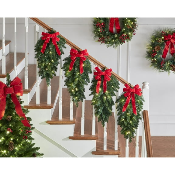 BrylaneHome Set of 4 Pre-Lit Swags with Christmas Bows & 15 Warm Lights, Cordless, No Outlet Required