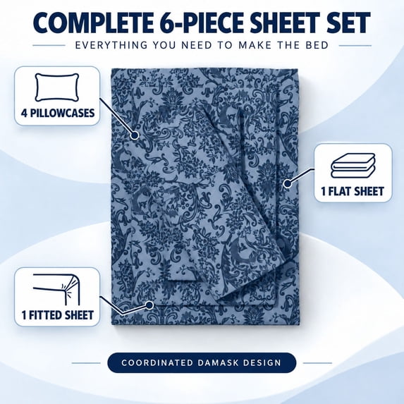 BrylaneHome Printed Damask 6 Piece Sheet Set