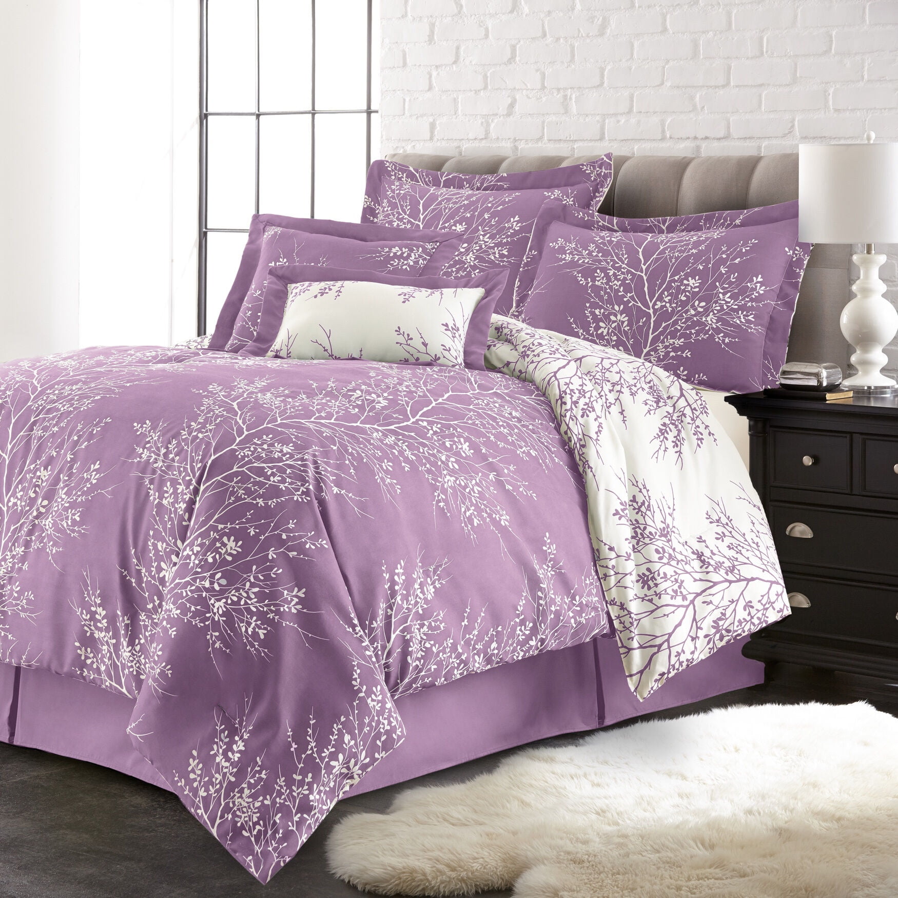 Lilac and White Plush Twin Reversible Comforter Set