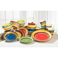 thumbnail interactive-video image 1 of BrylaneHome 16 Piece Santa Fe Dinnerware Set (Service for 4), Includes Dinner & Salad or Dessert Plates, Bowls, Mugs, Colorful Stripe Southwestern Fiesta Pattern, 1 of 7