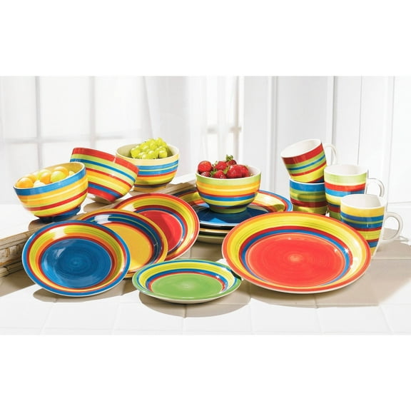 BrylaneHome 16 Piece Santa Fe Dinnerware Set (Service for 4), Includes Dinner & Salad or Dessert Plates, Bowls, Mugs, Colorful Stripe Southwestern Fiesta Pattern