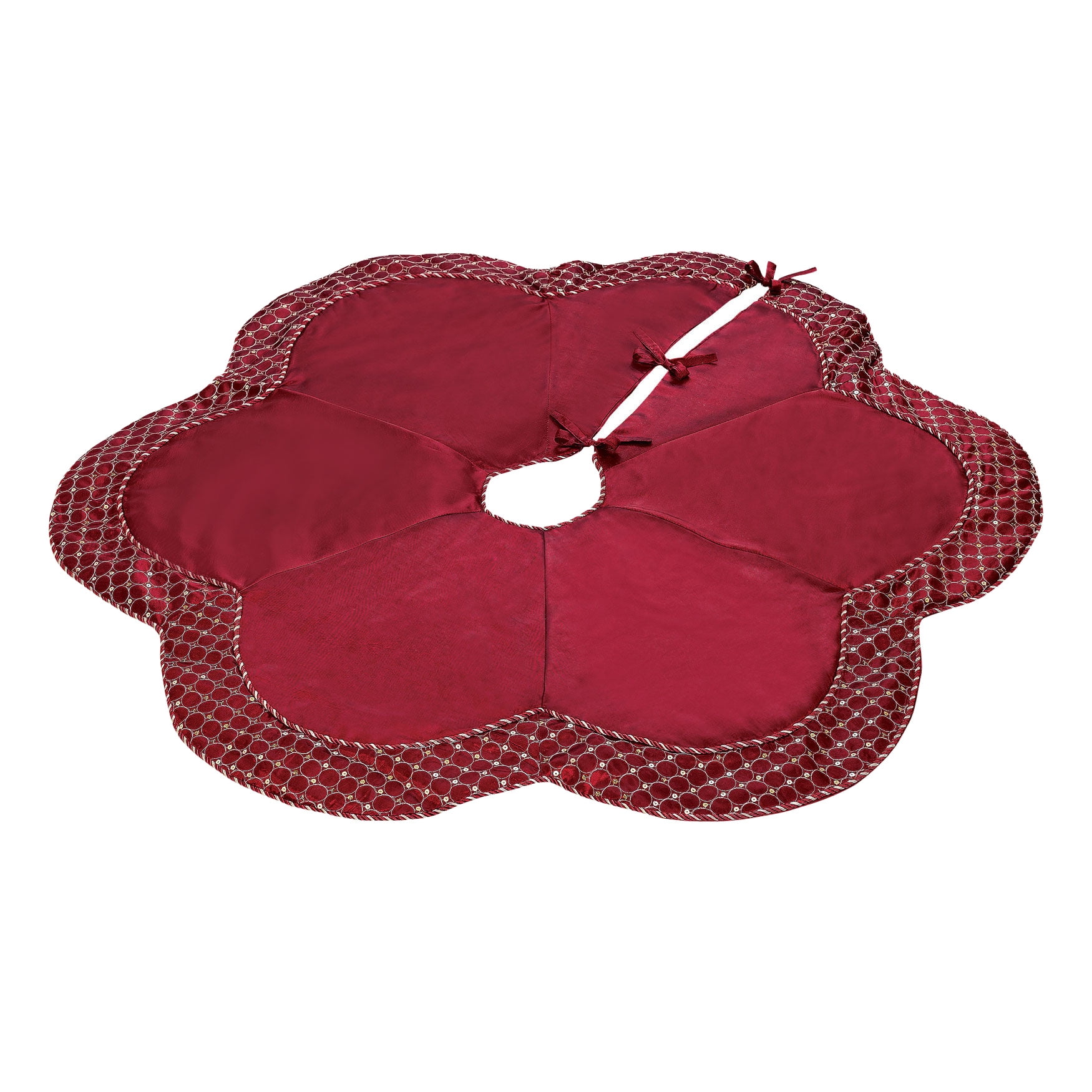Red Sateen Scallop Edge Christmas Tree Skirt with Sequins