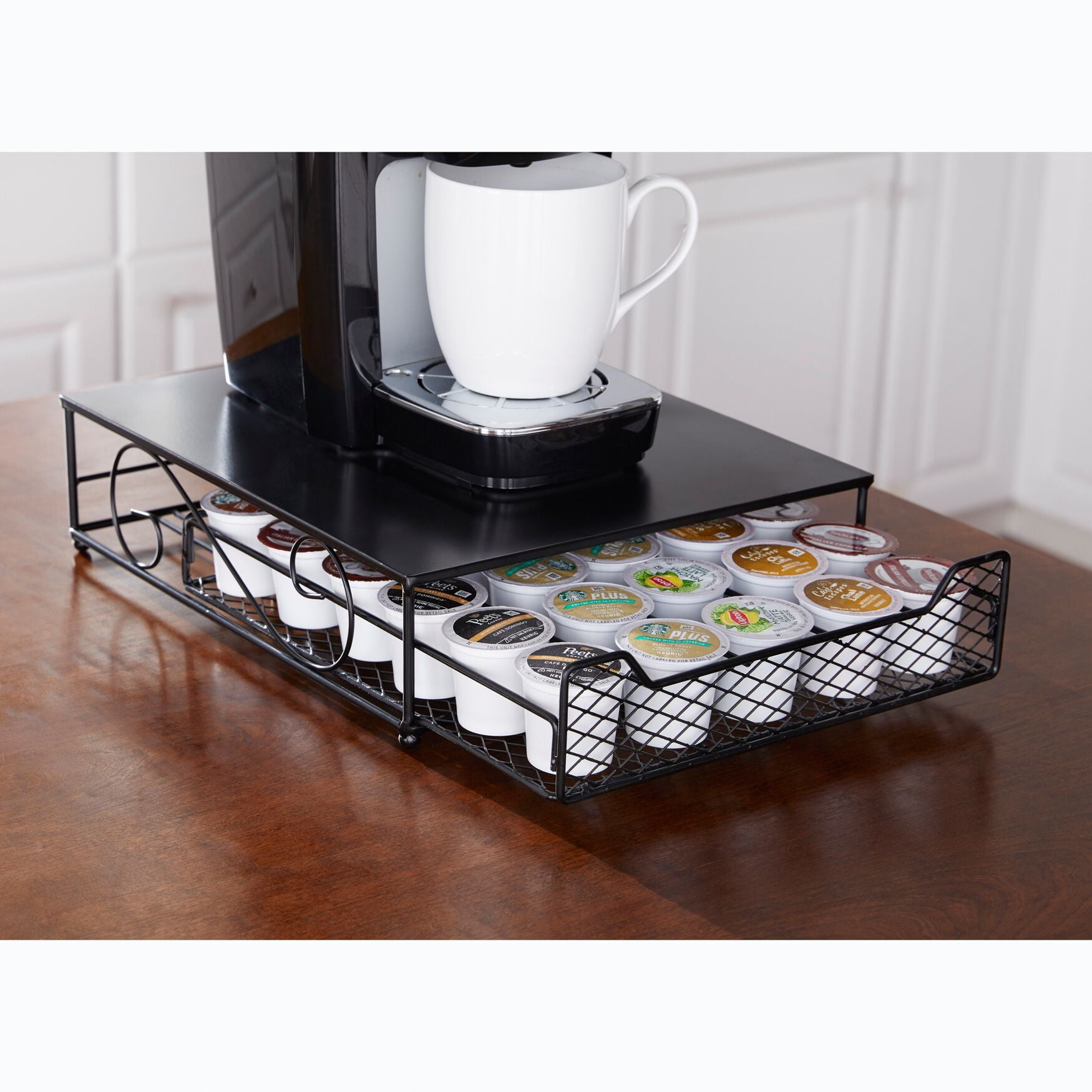 Black Iron Wire K-Cup Storage Drawer with Sliding Design