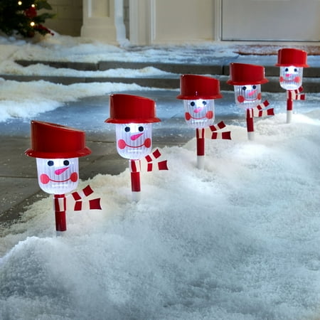 BrylaneHome Snowman Solar Pathway Light Stakes, Set Of 6