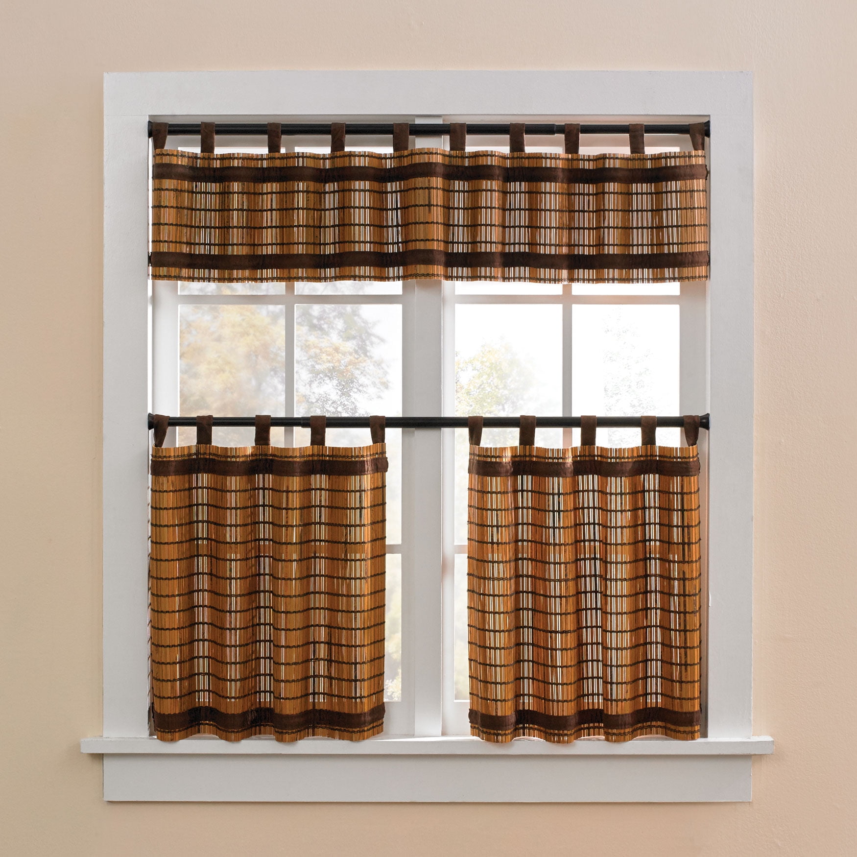 Honey Oak Brown Bamboo Tab-Top Tier Curtains, 60" W x 24" L