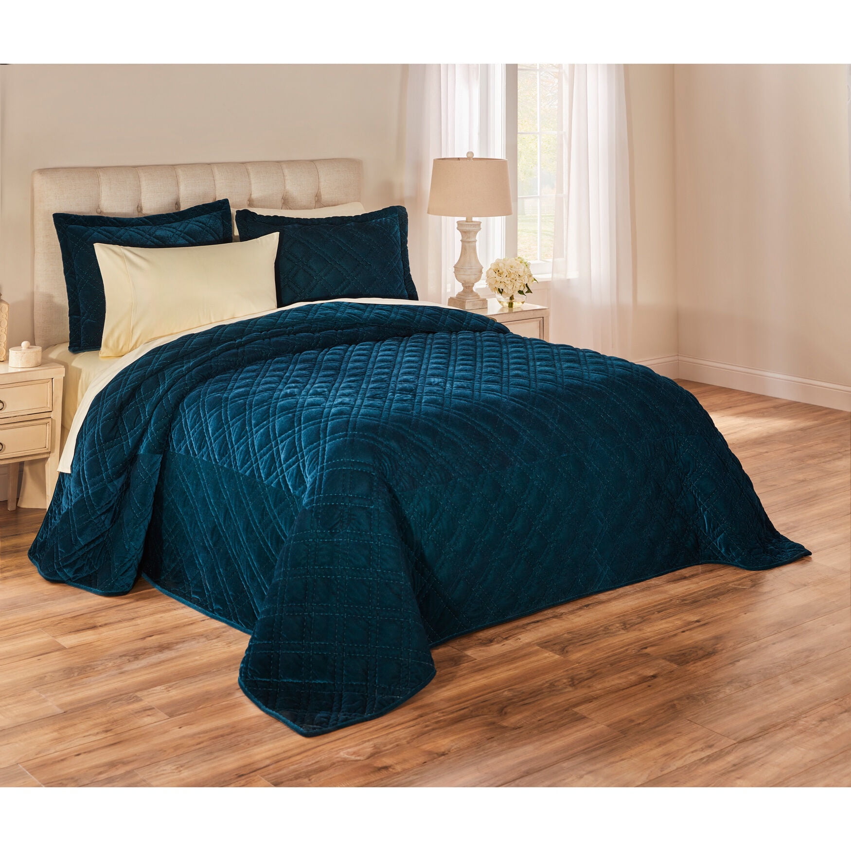 BrylaneHome Velvet Diamond Quilted Bedspread King, Deep Teal