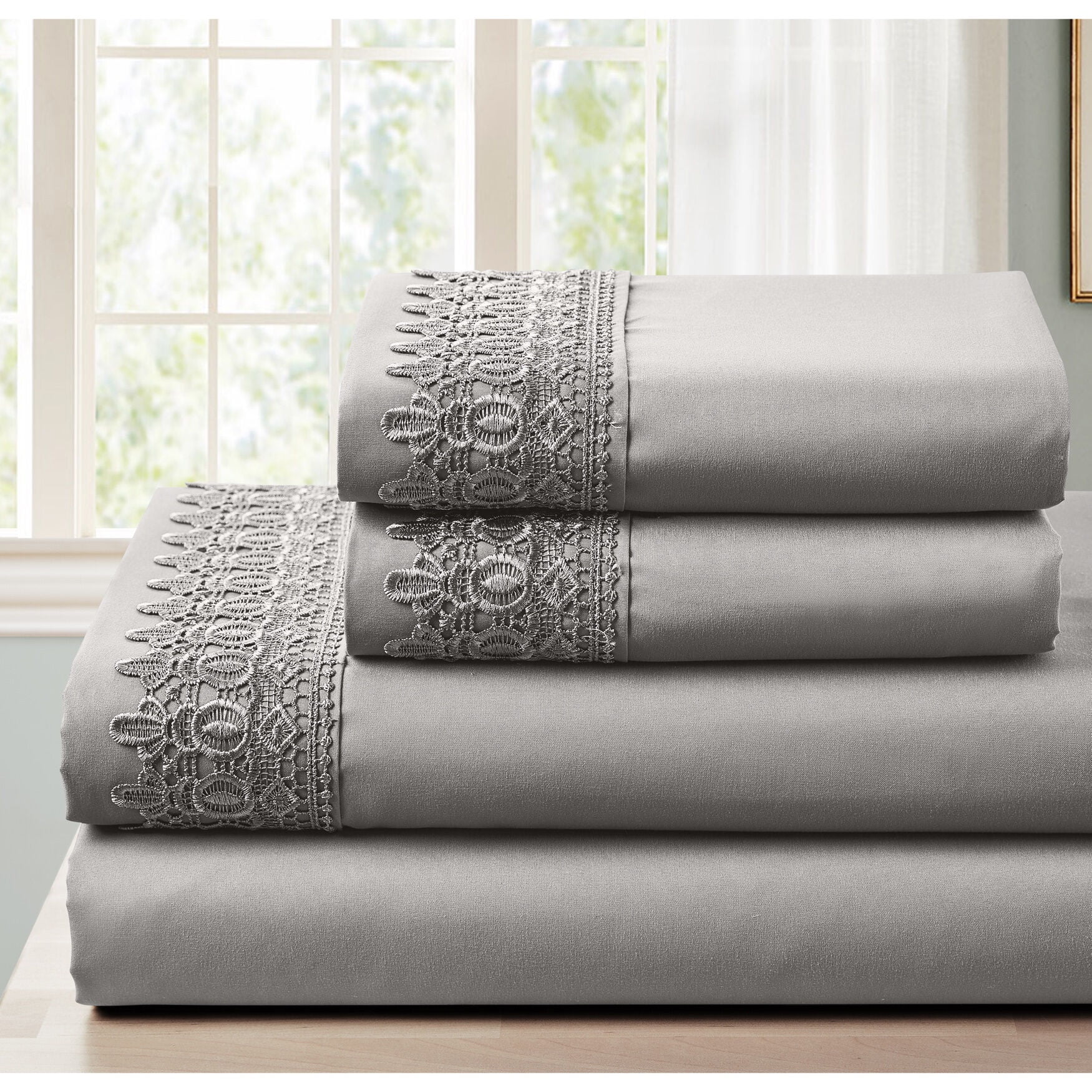 BrylaneHome 4Pc Lace Trim Sheet Set