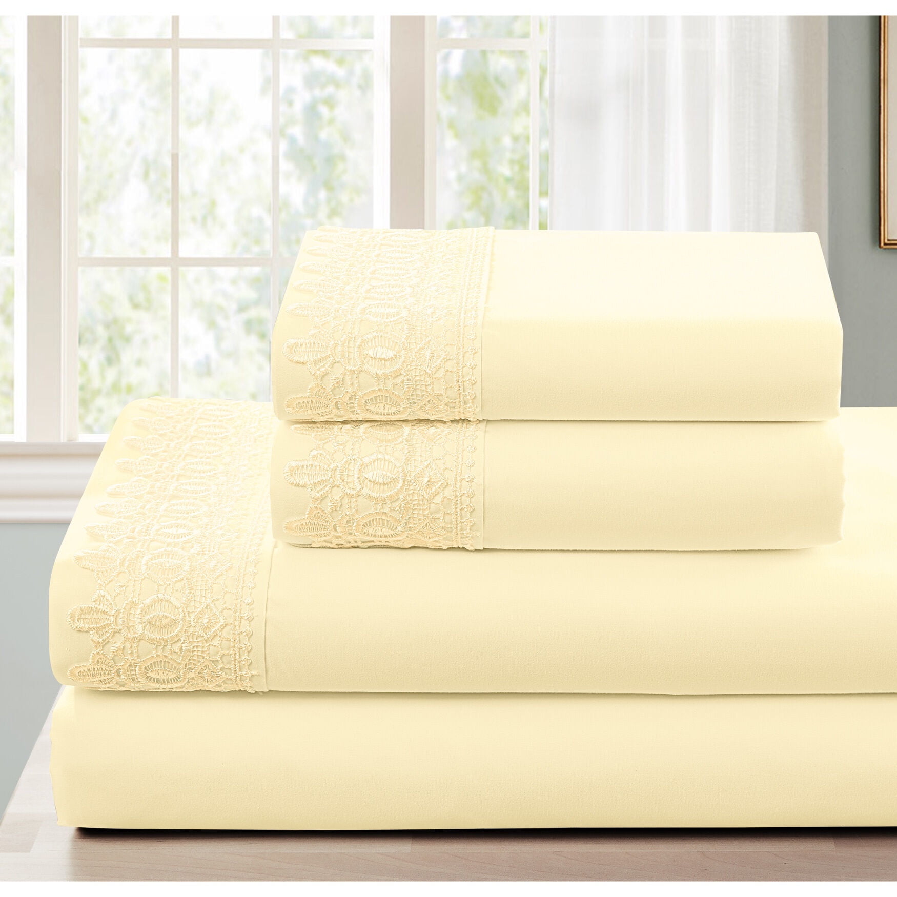 BrylaneHome 4Pc Lace Trim Sheet Set