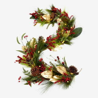 Winter Christmas Wreath for Front Door, Artificial Holiday Pine Wreaths with Pine Cone Needle Red Berry White Flower, Rustic Farmhouse Decoration for