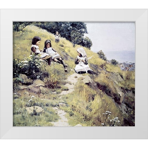 Brymner, William 23x20 White Modern Wood Framed Museum Art Print Titled - Girls with a Wreath of Flowers