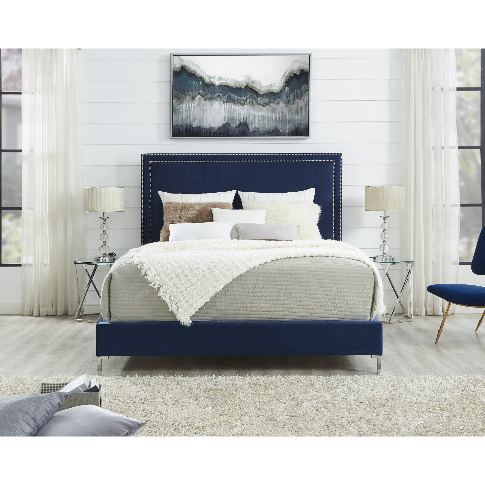 Inspired Home Reese Velvet Upholstered Headboard Platform Bed