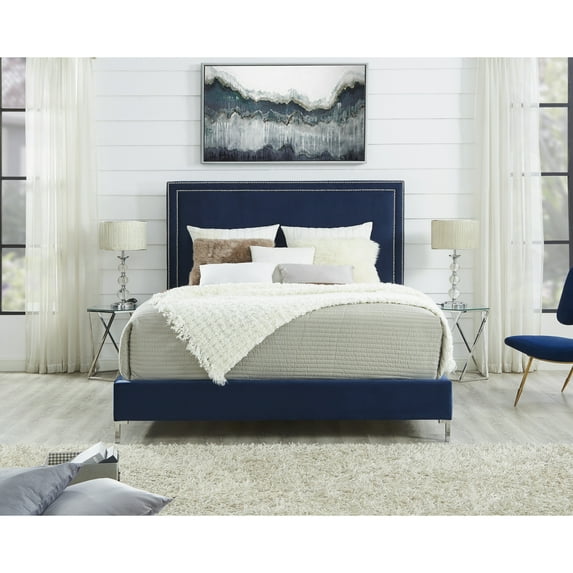 Brynklie Navy Velvet Bed - Nailhead Trim King