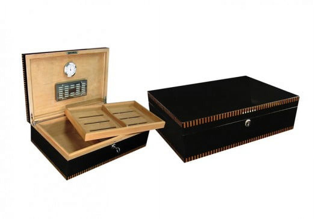 Brynmor Linear Inlay Design Cigar Humidor - Deep Black Lacquer Finish - Capacity: 120