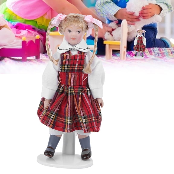 Brynna Ceramic Doll Porcelain 1:12 Dollhouse Doll Miniature Porcelain Long Braid Red Dress Girl Mini Toy Doll Model