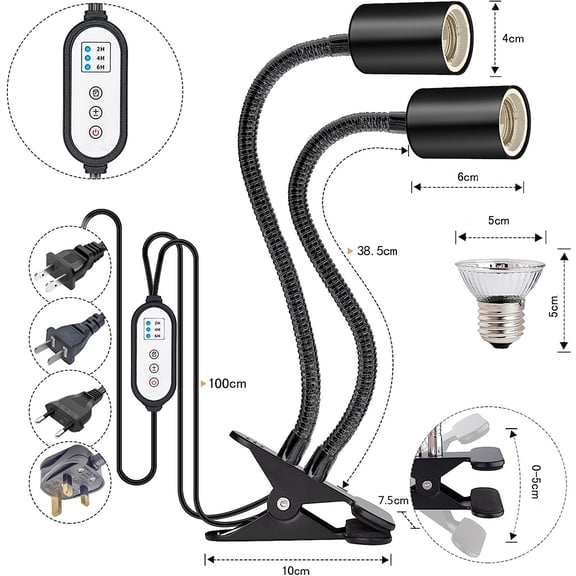 Brynna Dual-Head Reptile Light Reptile Heat Lamp Rotating Double-Head Reptile Light Bracket UVA/UVB Heating Lamp Bulb 25W/50W/75W for Lizards Snake Plants