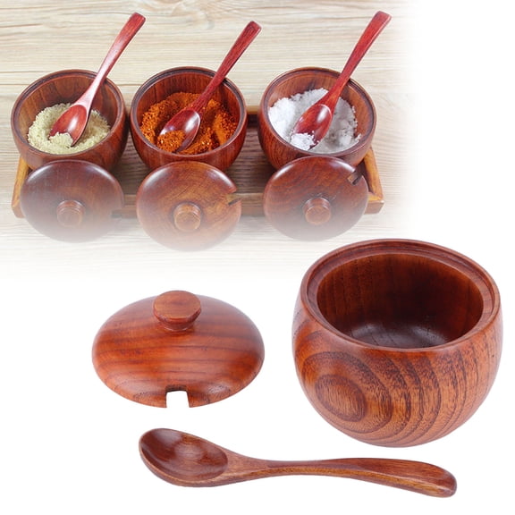 Brynna Kitchen Utensil Bowl Wooden Salt Box with Lid Spoon Vintage Spice Jar Seasoning Container Cooking Utensil