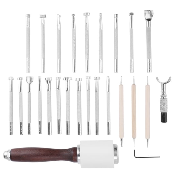 Brynna Leather Working Tool 25pcs Leather Stamping Tool Set, 100% Craft for Carving Leather DIY Handmade Art with Rotating Engraving Tool, 20 Popular Patterns