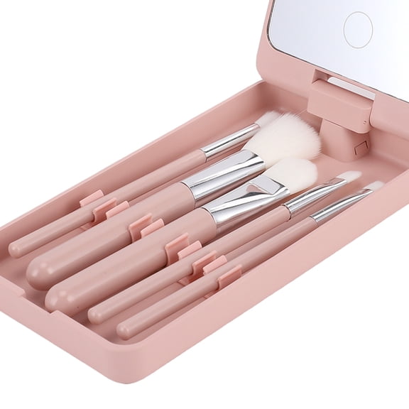 Brynna Mini Makeup Brushes with Case Mirror LED Light Mirror with Makeup Brush 360 Degree Rotation Travel Makeup Mirror Brushes Set Touch Control Adjustable Brightness Pink