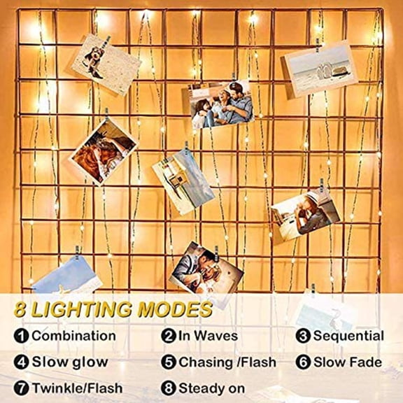 Brynna String Light Hanging Pictures Light 10M 100 Lamp Beads 8 Modes Warm White Fairy String Light Photo Clip Hanging Pictures Cards Memos Artwork