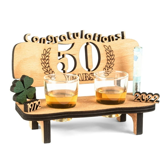 Brynnberg English Wooden Bench - 50 Engraved - Original Gift for Wedding, Anniversary or Birthday - 2 Shot Glasses and Wood Four-Leaf Clover