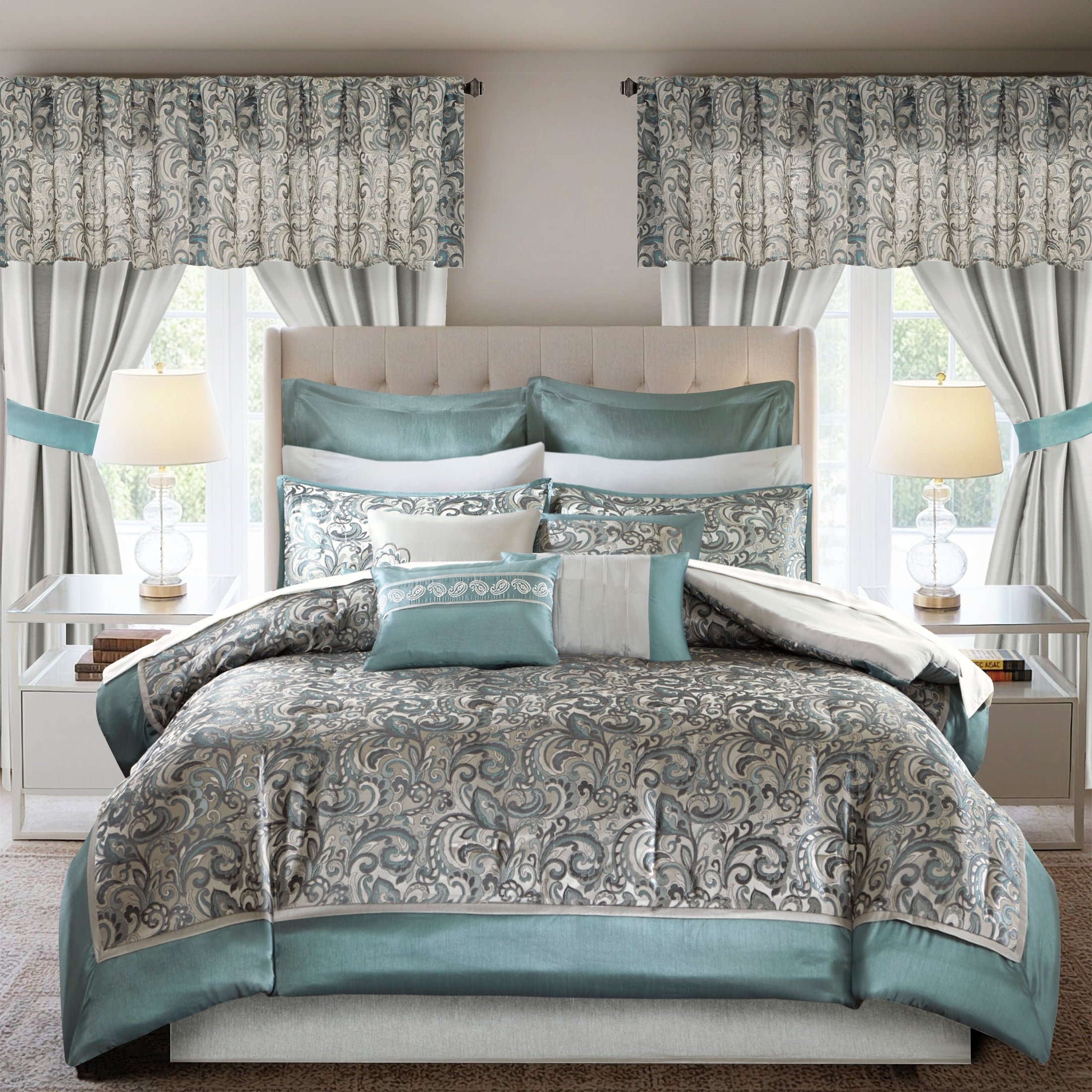 Teal and Grey Floral Motif King Microfiber Bedding Set