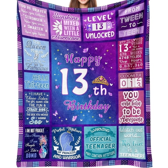 Brythos 13th Birthday Gifts for Teenage Girls, 50" x 60" Birthday Blanket, Bday Decor Gift Ideas for Daughter, Granddaughter, Sister or Niece