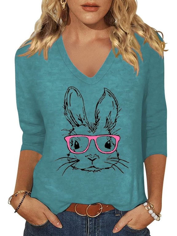 3/4 Sleeve V-Neck Rabbit Print T-Shirts Women's Spring Valentine's Day Tees