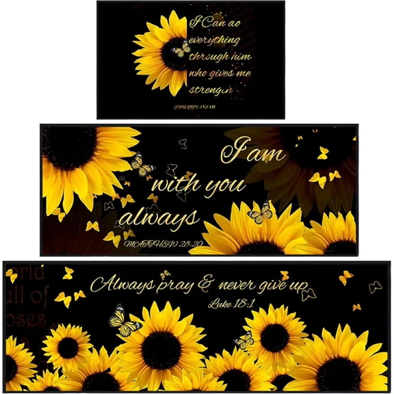 Brythos 3 Piece Sunflower Faith Kitchen Mat Set, Christian Themed Runner Rugs and Mats, Non-Slip Washable Farmhouse Style Kitchen Decor Indoor Floor Mat