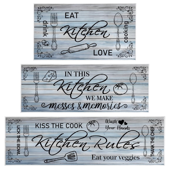 Brythos 3 Pieces Farmhouse Kitchen Rug Sets with Quotes, Non-Slip Washable Kitchen Mats for Floor, Rustic Wood Grain Kitchen Decor Rugs for Laundry, Hallway, Kitchen (Wood Grey)