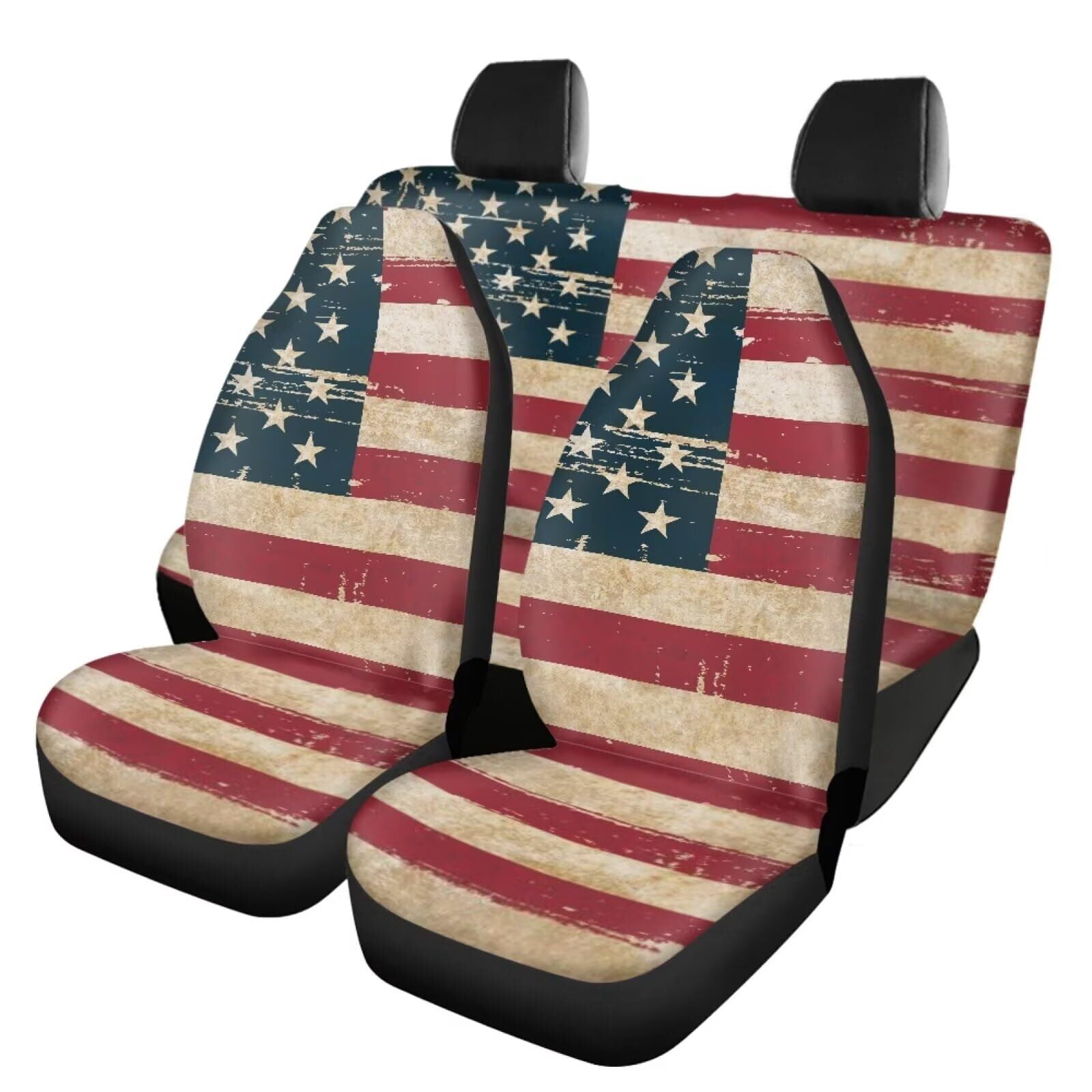 Brythos 4 Piece Vintage American Flag Car Seat Covers Front and Rear Seat Cushion Protectors