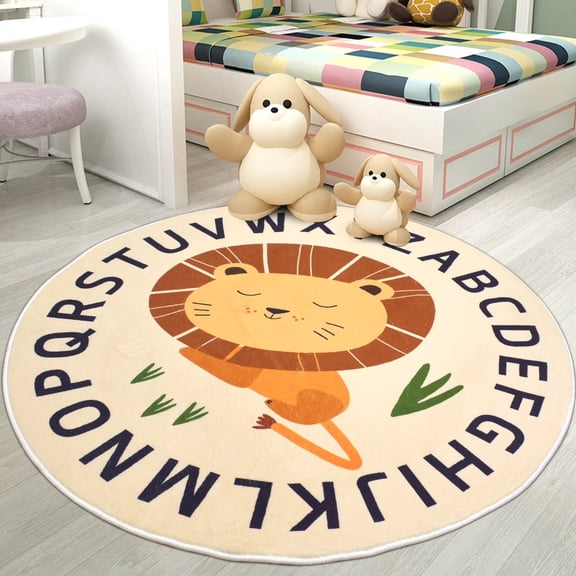 Brythos 4 ft Round Lion ABC Kids Rug, Cartoon Plush Washable Play Mat for Boys Girls Nursery Room
