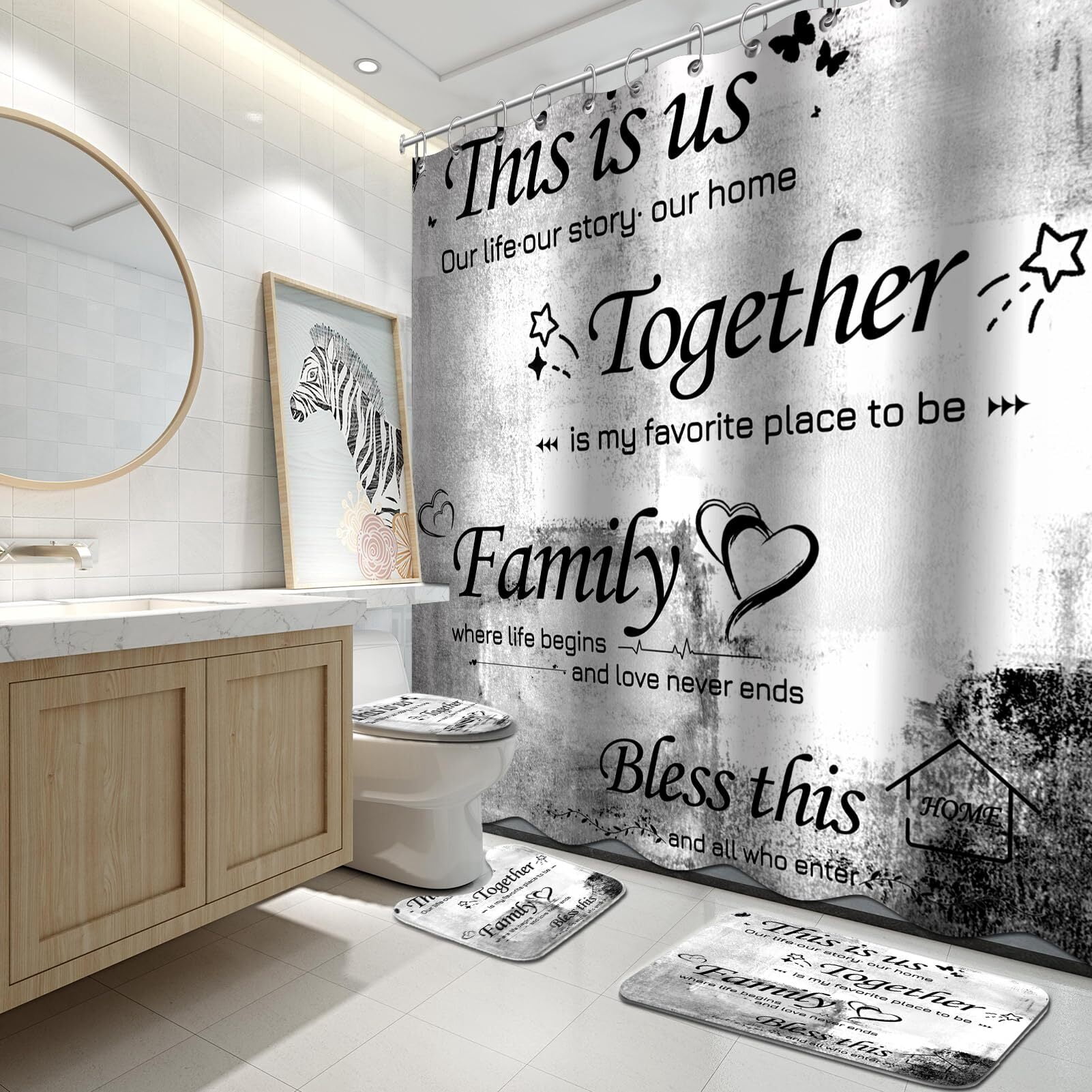 Brythos 4Pcs Shower Curtain Set,Complete Bathroom Set with Accessories Bathroom Rug Set,Comfortable Non-Slip Bath Mat Bathroom Sets,Style3,72"X72"