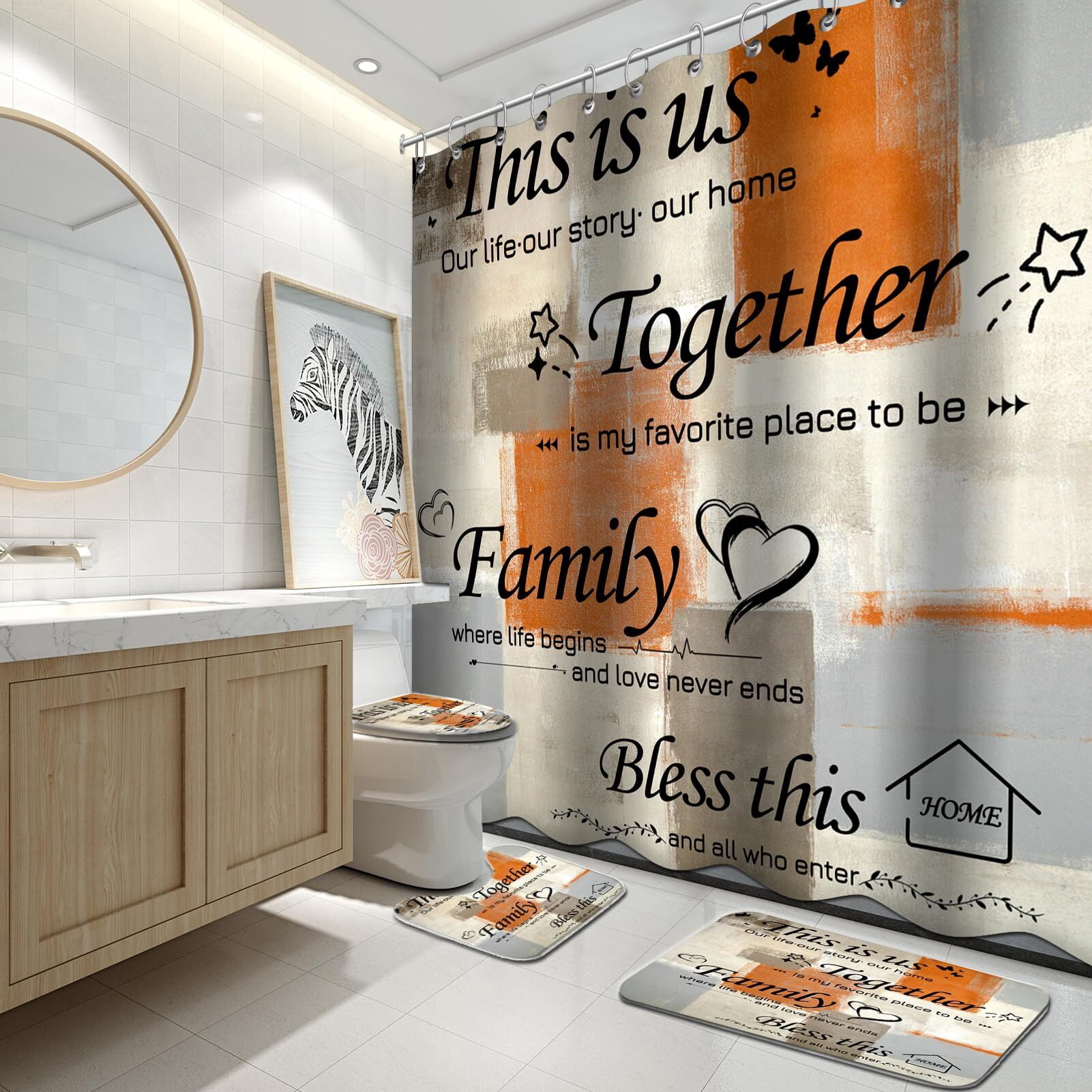 Brythos 4Pcs Shower Curtain Set,Complete Bathroom Set with Accessories Bathroom Rug Set,Easy & Flexible Installation Bathroom Sets,Style1,72"X72"