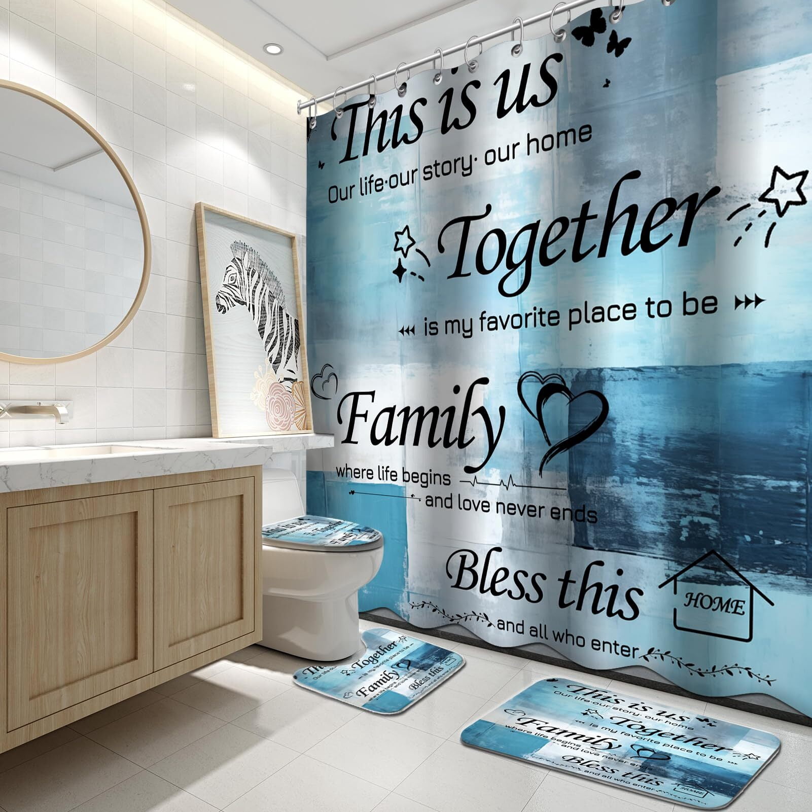Brythos 4Pcs Shower Curtain Set,Complete Bathroom Set with Accessories Bathroom Rug Set,Safe Eco-Friendly Materials Bathroom Sets,Style2,72"X72"