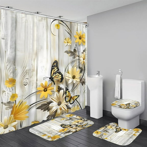 Brythos 4Pcs Shower Curtain Set,Eco-Friendly and Comfortable Material Bathroom Rug Set,Precise Sizing Fit Bathroom Sets,Style1,72"X72"
