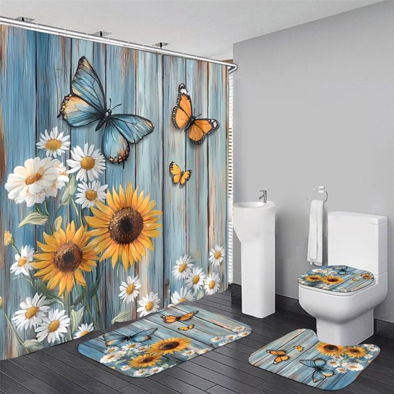 Brythos 4Pcs Shower Curtain Set,Made of Eco-Friendly Polyester Fiber and Soft Flannel Bathroom Rug Set,Does Not Fade Bathroom Sets,Style6,72"X72"