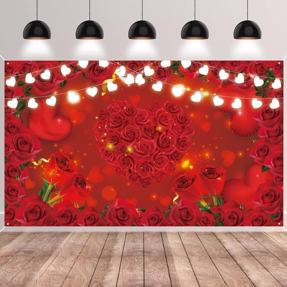 Brythos 5x3' Red Roses Heart Light Photo Backdrop Floral Background for Wedding Anniversary Decor