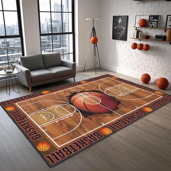 Brythos 5x7 ft Basketball Court Area Rug, Non-Slip Backing Sports Carpet for Boys Bedroom Game Room Living Room, Basketball Themed Floor Mat