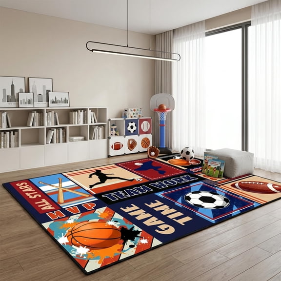 Brythos 5x7 ft Sports Themed Area Rug, Basketball Football Baseball Soccer Print Carpet for Boys Bedroom Kids Playroom Classroom, Large Game Floor Mat
